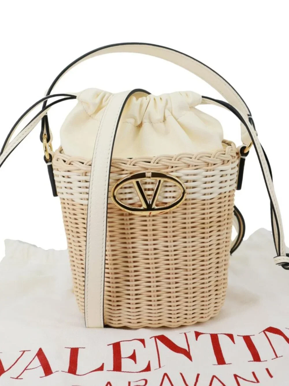 Valentino Garavani Vlogo Raffia Wicker Bucket Bag Beige